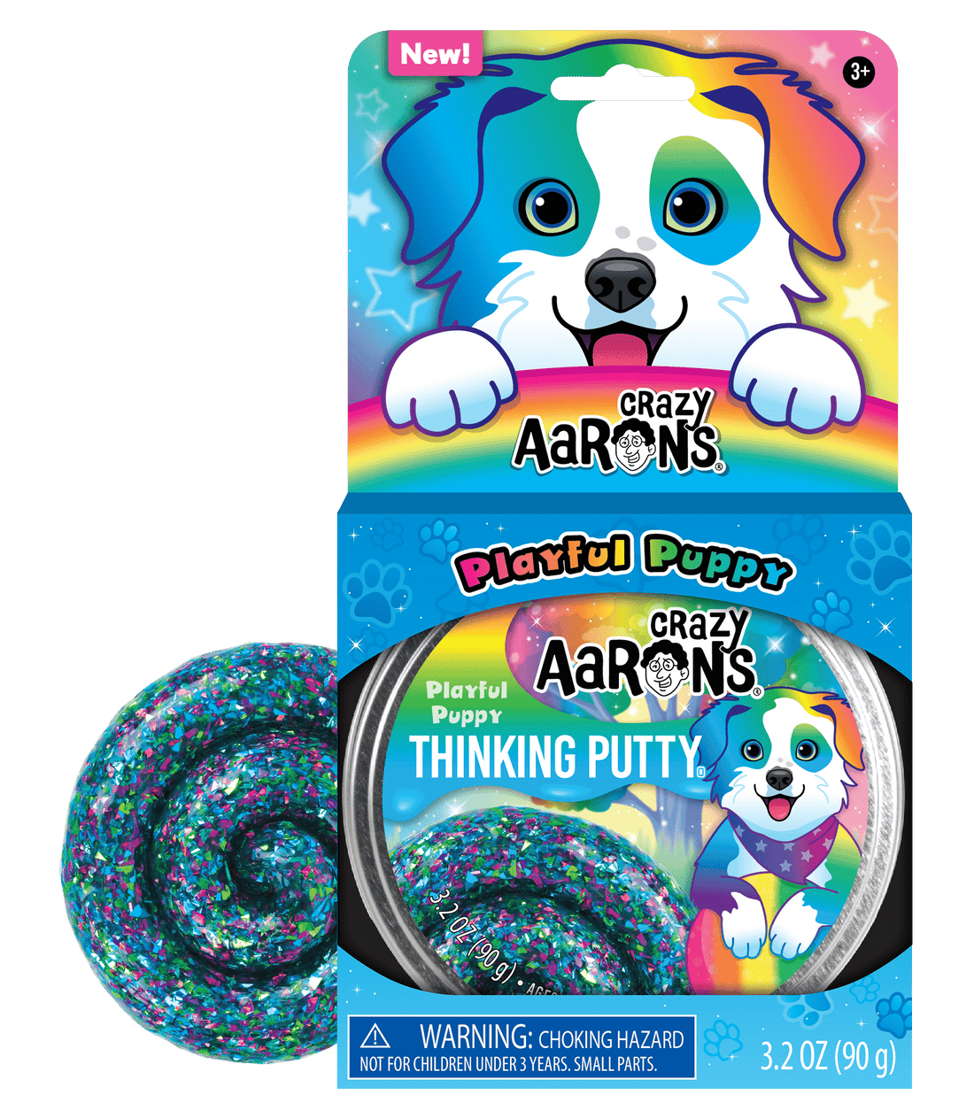 Playful Puppy Thinking Putty in blue silicone with a puppy head shape holding its chin thoughtfully.