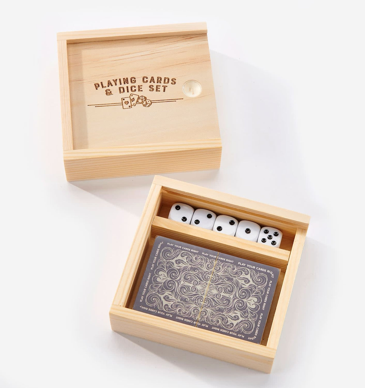 Playing cards and five dice set in a rectangular box with men's game night theme.
