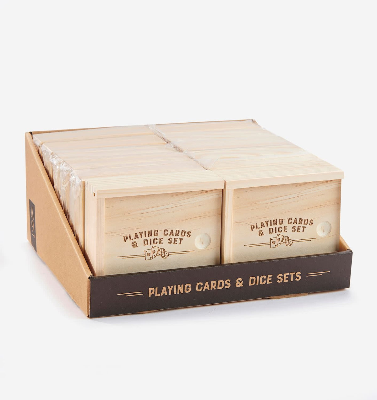 Playing cards and five dice set in a rectangular box with a dark patterned design.
