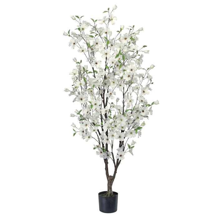 Artificial Southern Dogwood tree with lifelike pink blossoms and green foliage in a starter pot.