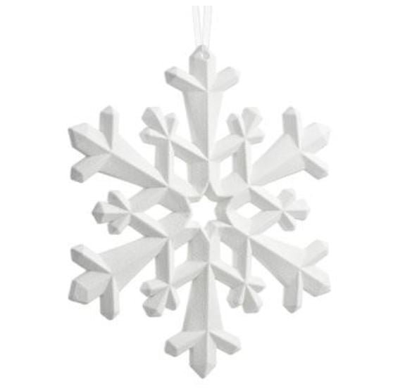 White plastic snowflake ornament with glitter finish