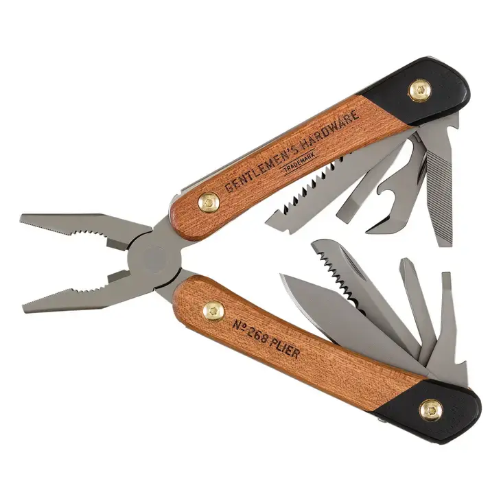 Black titanium finish multi-tool with wooden handle featuring pliers, saw, screwdrivers and bottle opener.