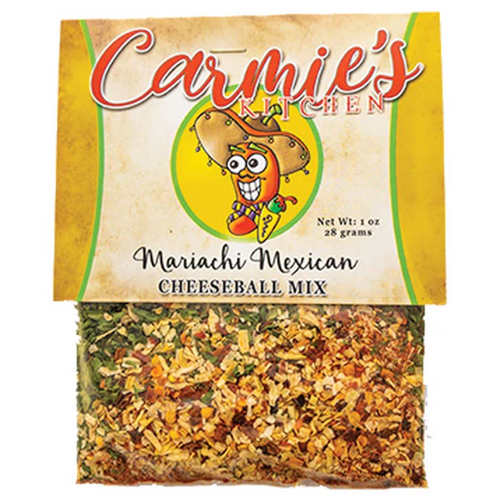 Mariachi Mexican appetizer cheeseball with red chili powder garnish on a white plate.