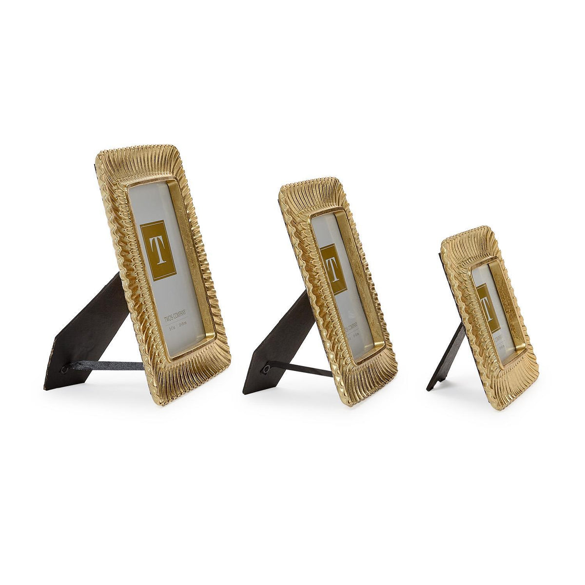 Three gold scalloped plume photo frames in varying sizes displayed on a white background.