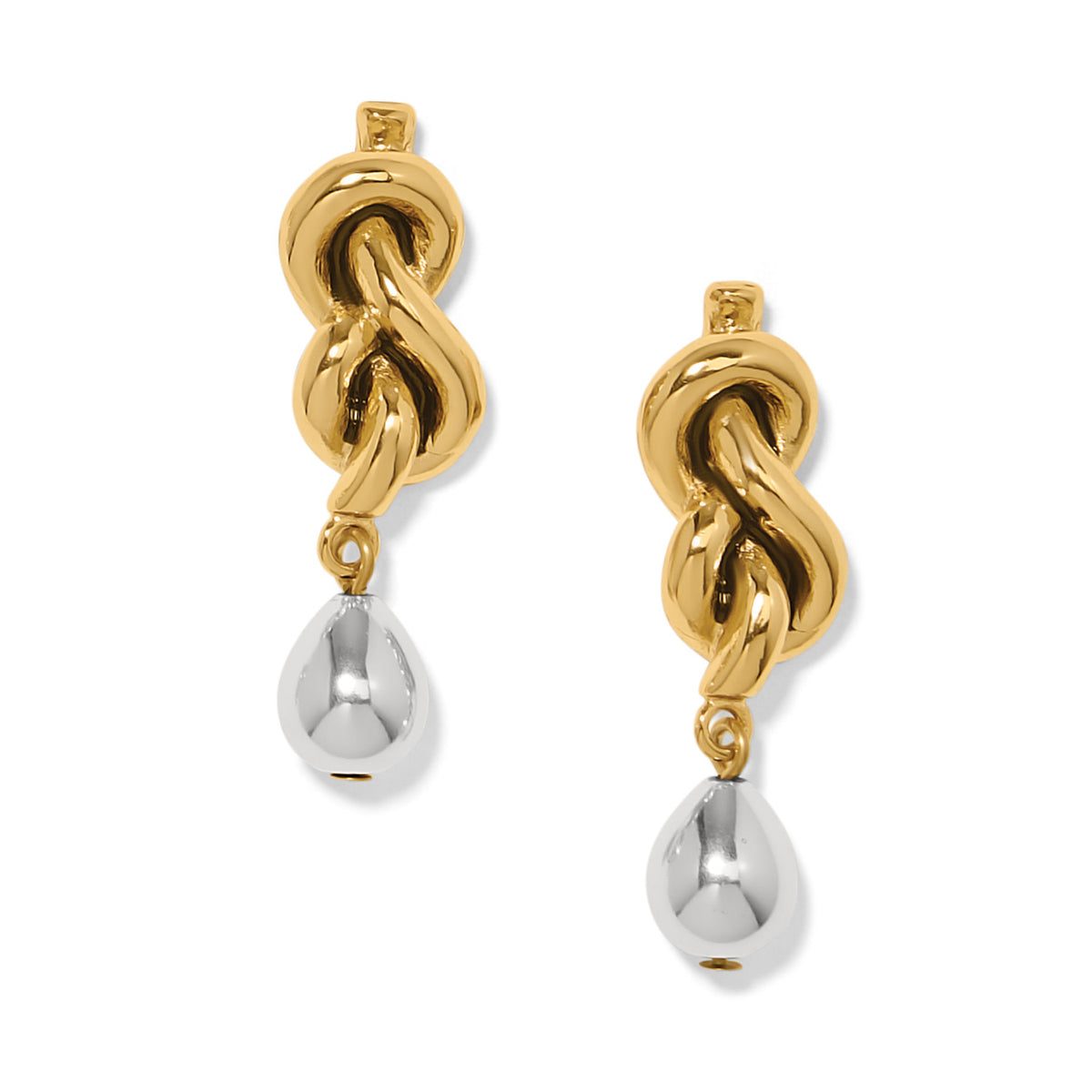 Interlok Single Knot Drop Earrings featuring gold-tone knots with silver-tone teardrop charms.