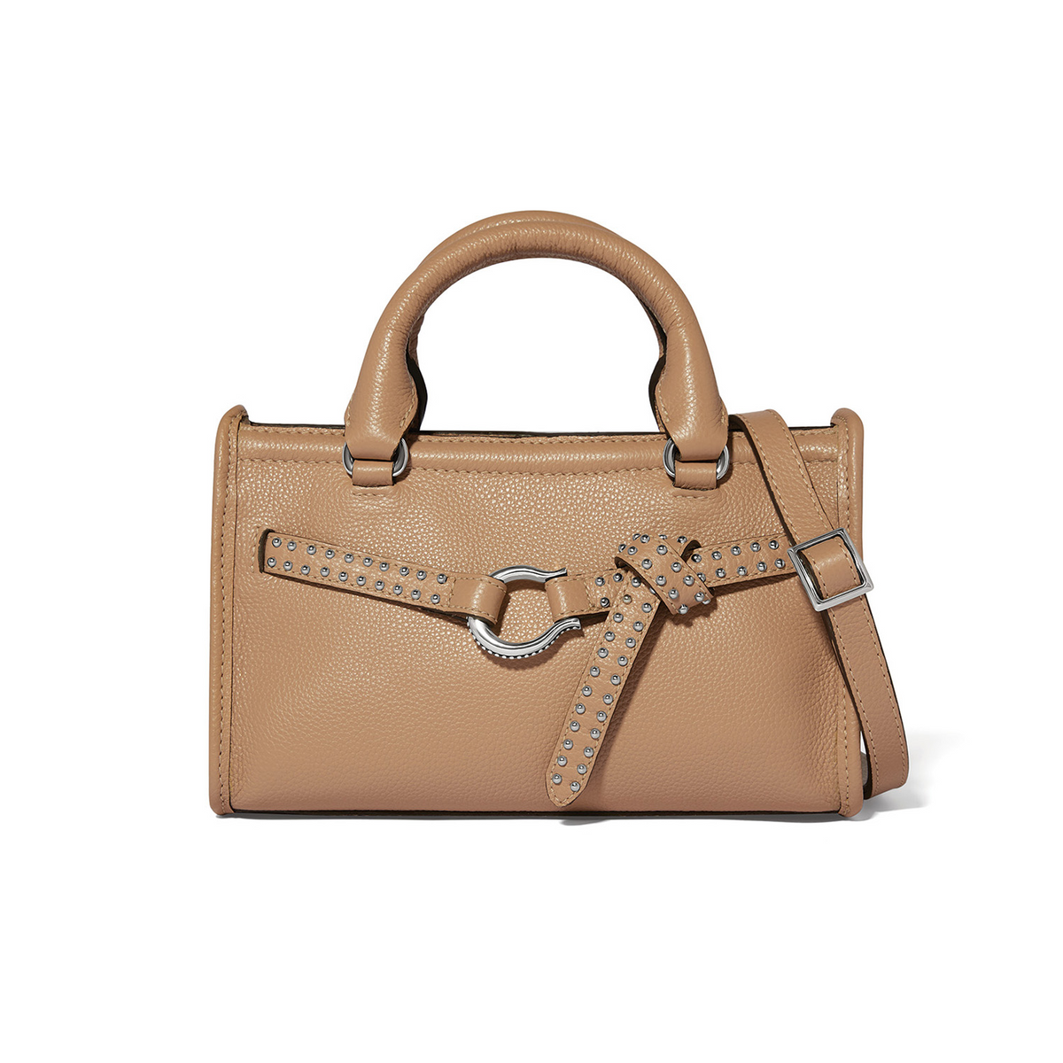 Buff leather small satchel with studded belt detail, silver-tone hardware, and top handles.