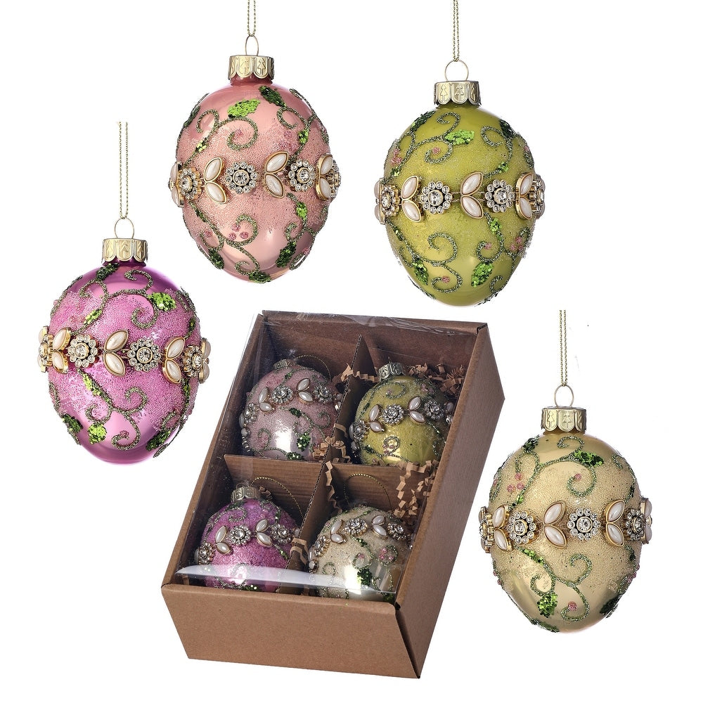 Glass jewel fleurette egg ornament with a floral petal shape in clear glass.