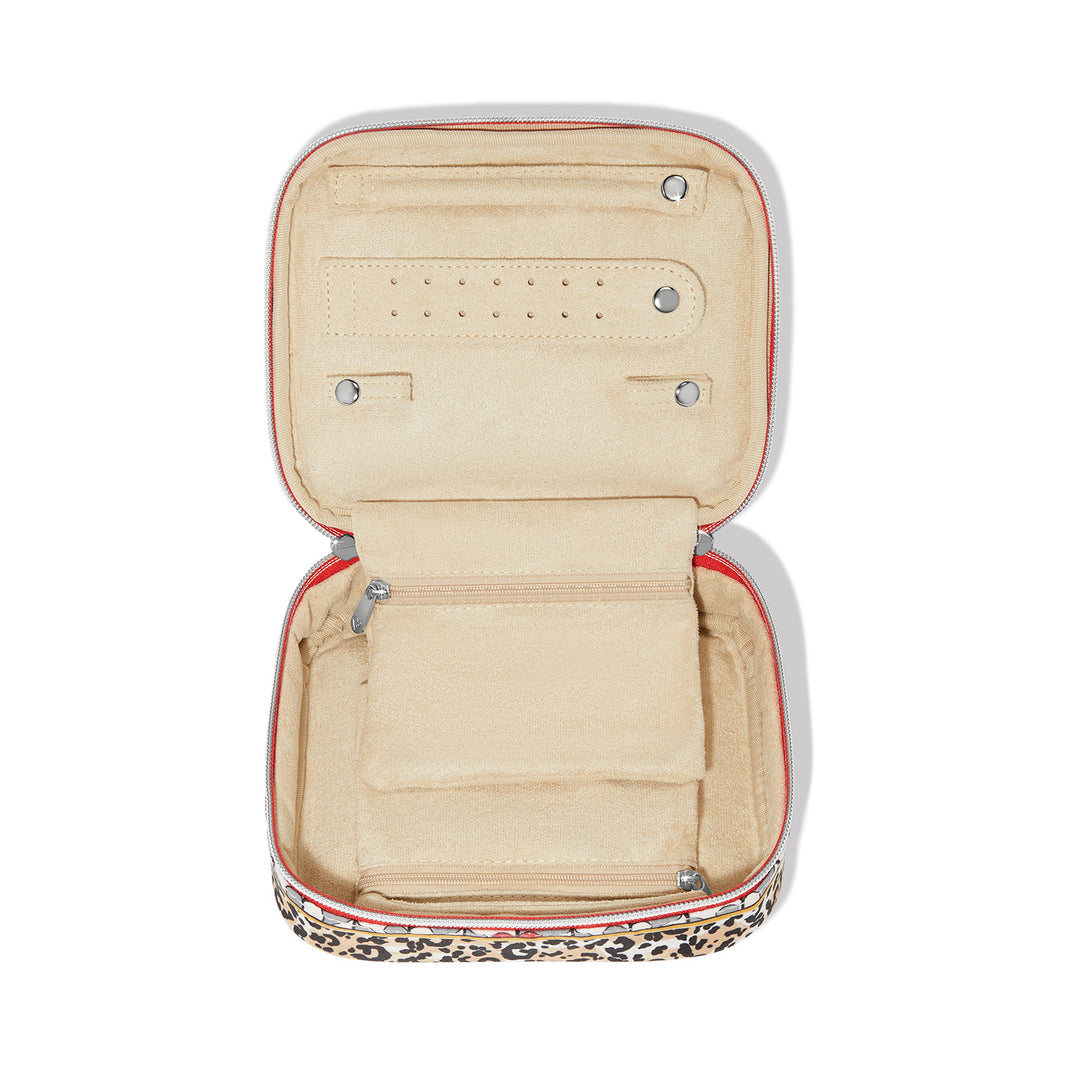 Open Wild Love Jewelry Case with leopard print exterior and tan interior organizers.