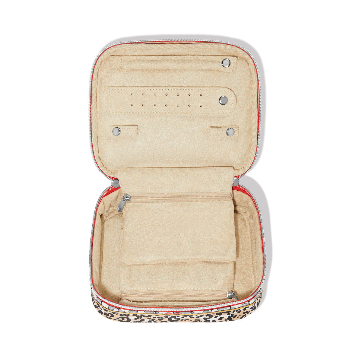 Open Wild Love Jewelry Case with leopard print exterior and tan interior organizers.