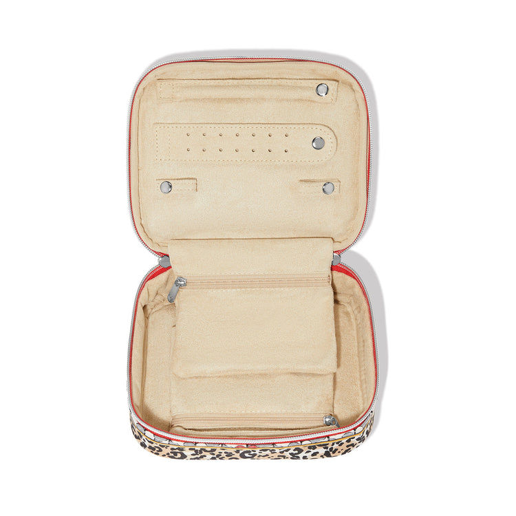 Open Wild Love Jewelry Case with leopard print exterior and tan interior organizers.
