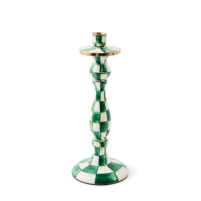 Hand-painted green and white check candlestick with brass accents and a bronzed stainless steel rim.