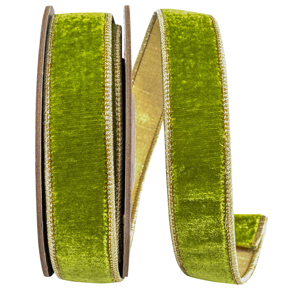 Green grass plush velvet fabric with metallic gold backing and wired edges.