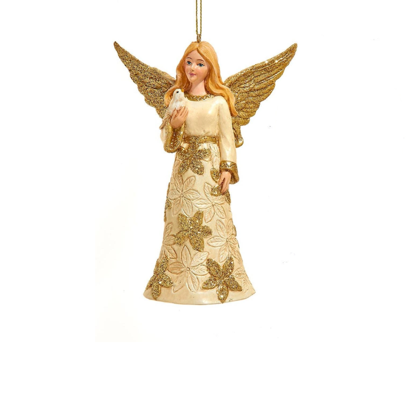 Ivory and gold resin angel ornament holding a white dove with shimmering gold wings and accents.