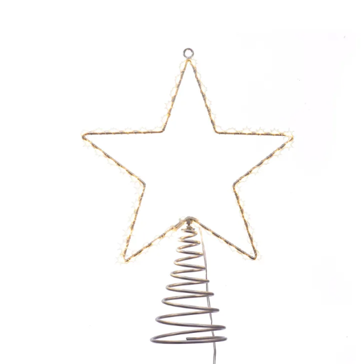 Silver metal wire star treetop wrapped in warm white LED lights with a silver plug-in lead.