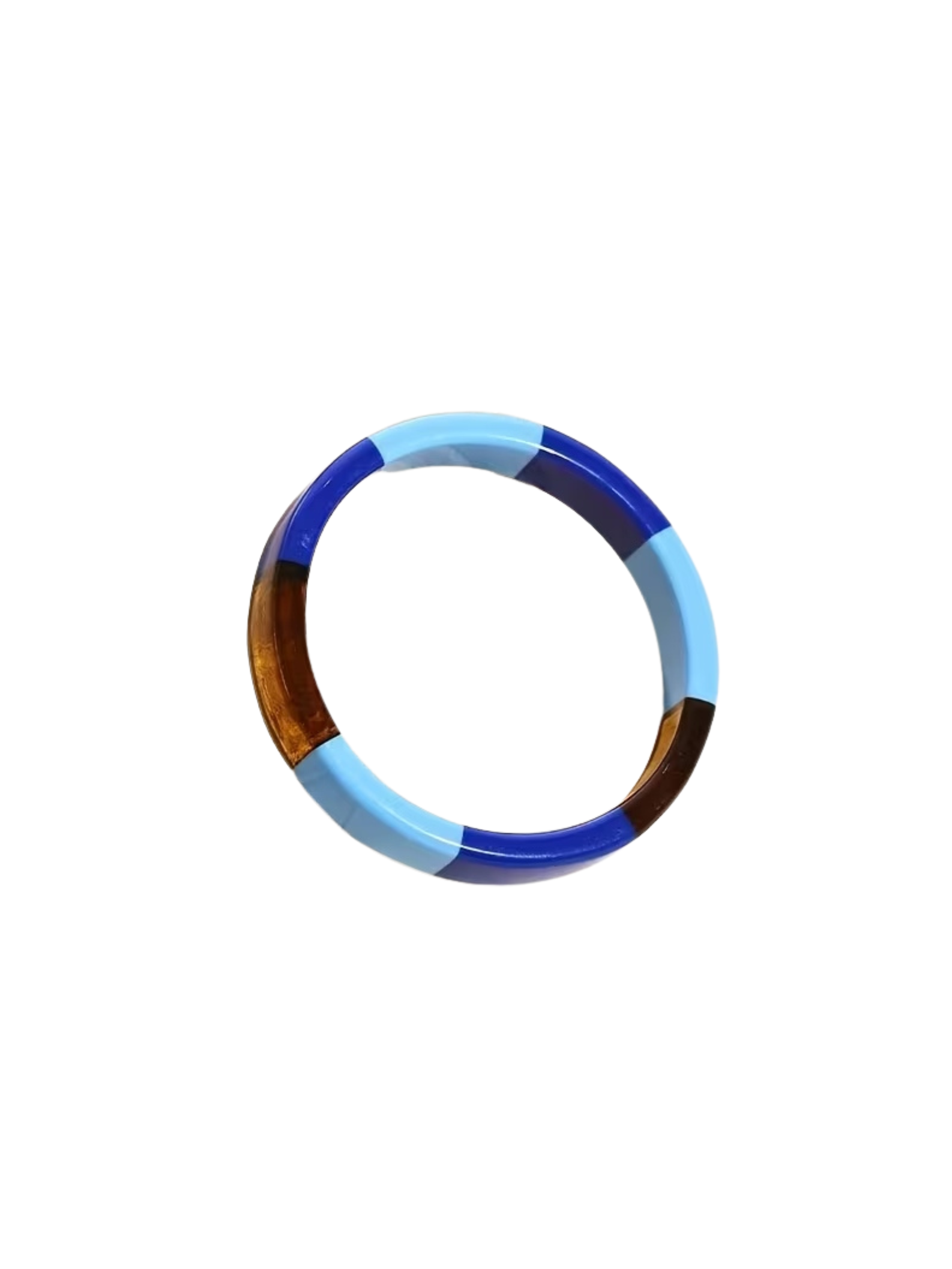 Patchwork Tempered Bracelet featuring a bold mosaic pattern of blue, light blue, and amber resin.