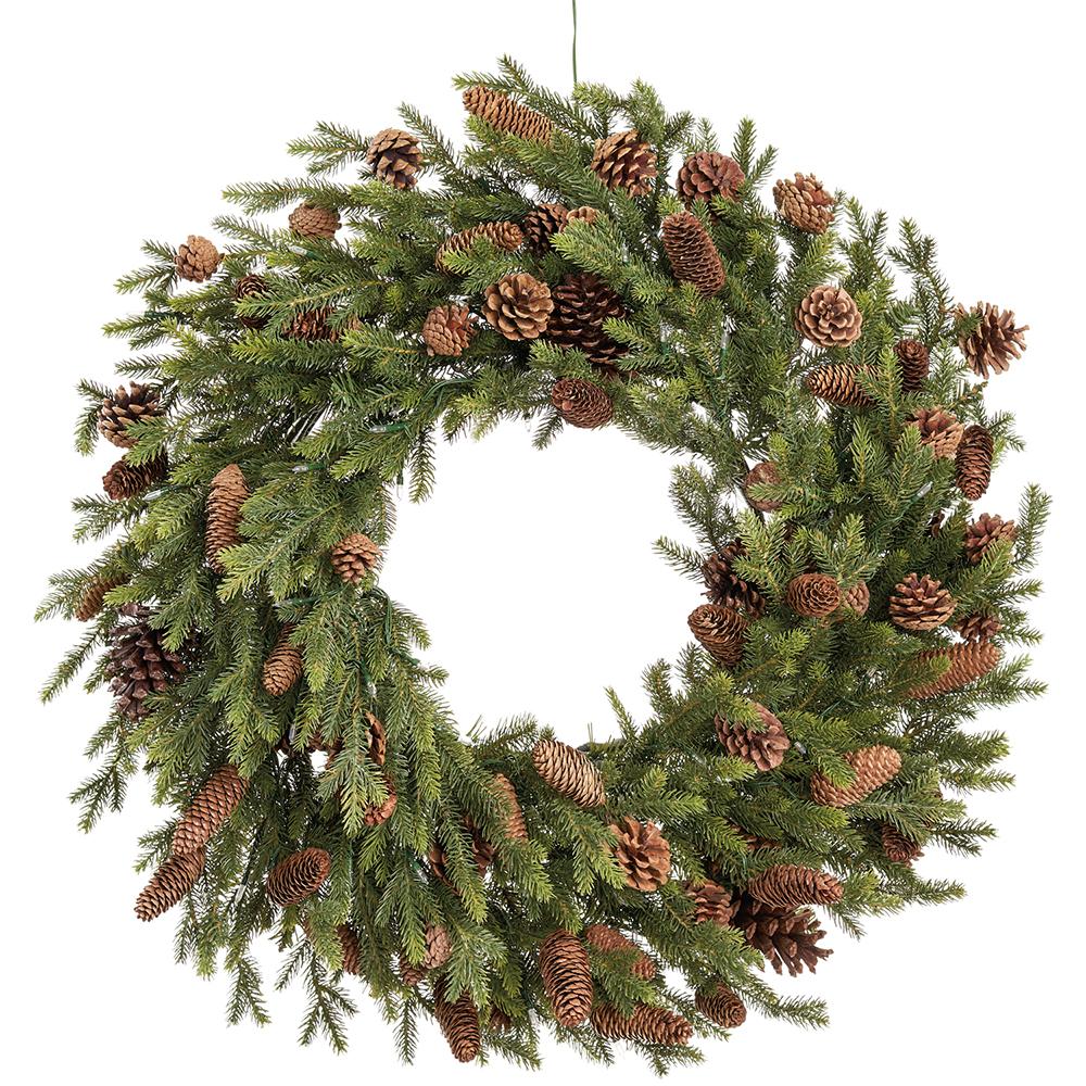 32-inch green spruce wreath with brown pine cones and 150 LED lights.