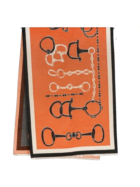 Orange reversible wrap scarf with a black and white equestrian bit pattern and border.