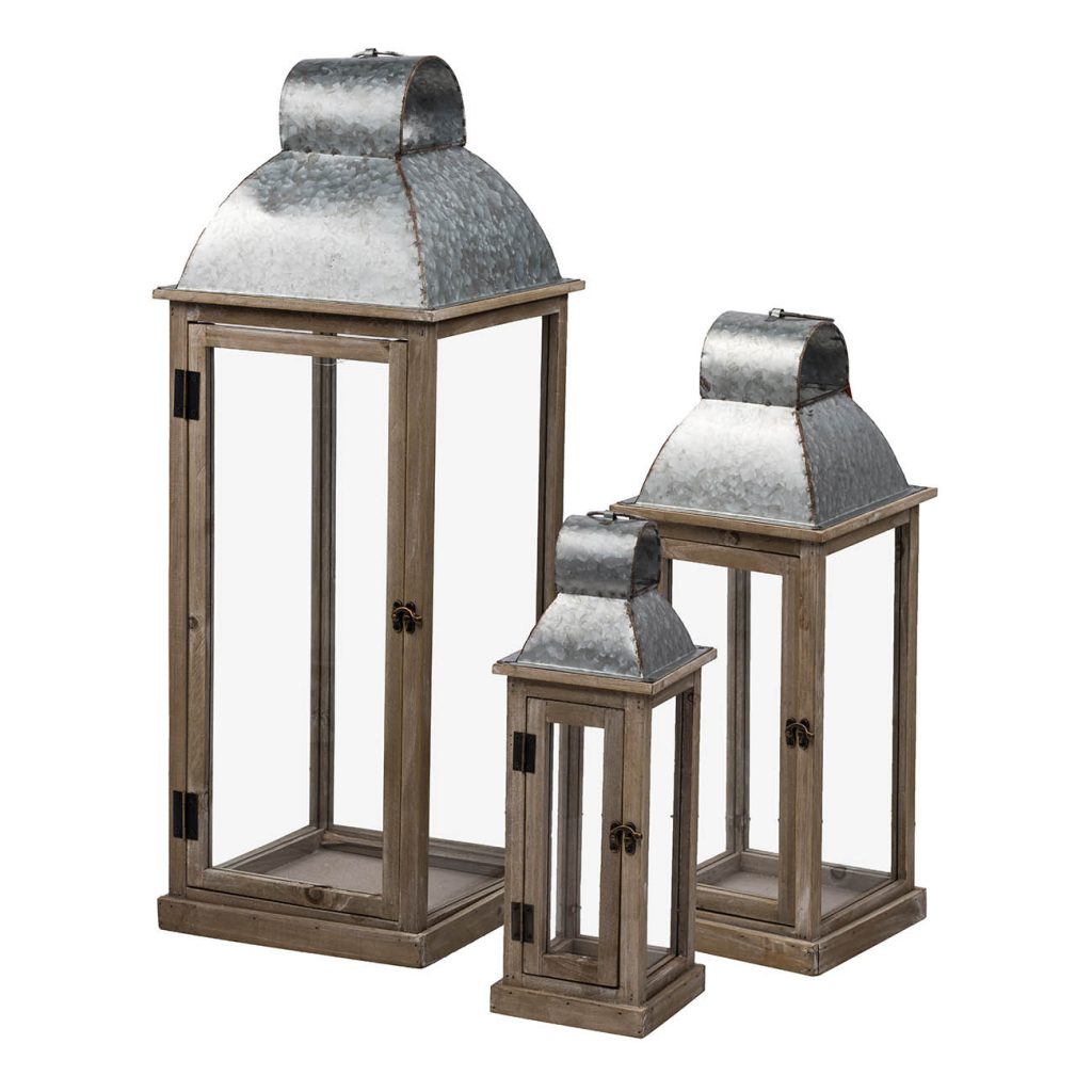 Silver-finished lantern with natural fir wood accents, glass panels, galvanized metal base, and a front latch door.