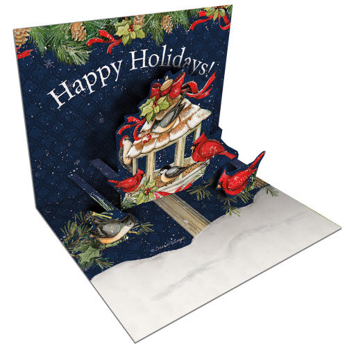 Set of eight Christmas pop-up cards with envelopes featuring traditional holiday designs.
