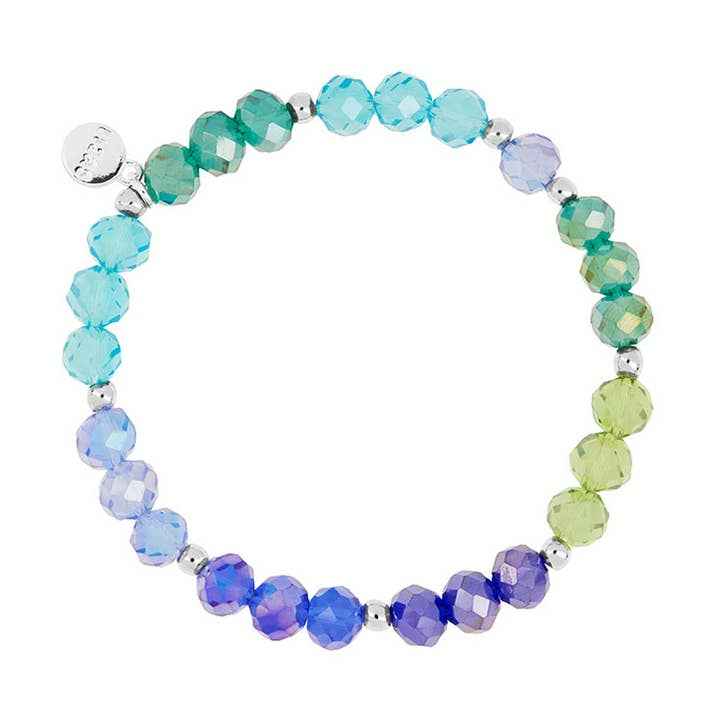 Clarksville Creation Bracelet featuring faceted glass beads in a gradient of blue, green, and purple