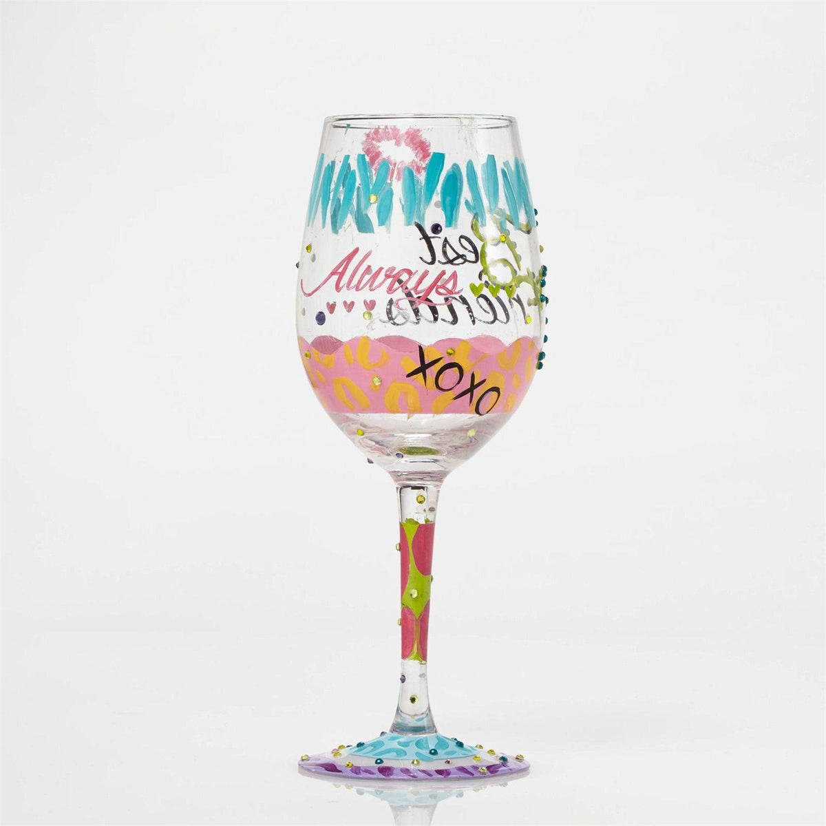 Colorful Lolita wine glass with hand-painted designs, glitter accents, and a cocktail recipe printed on the base.
