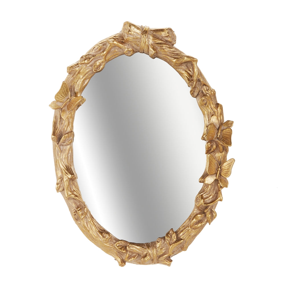 Oval mirror with an 8.5-inch natural stone powder butterfly perched on a branch silhouette.