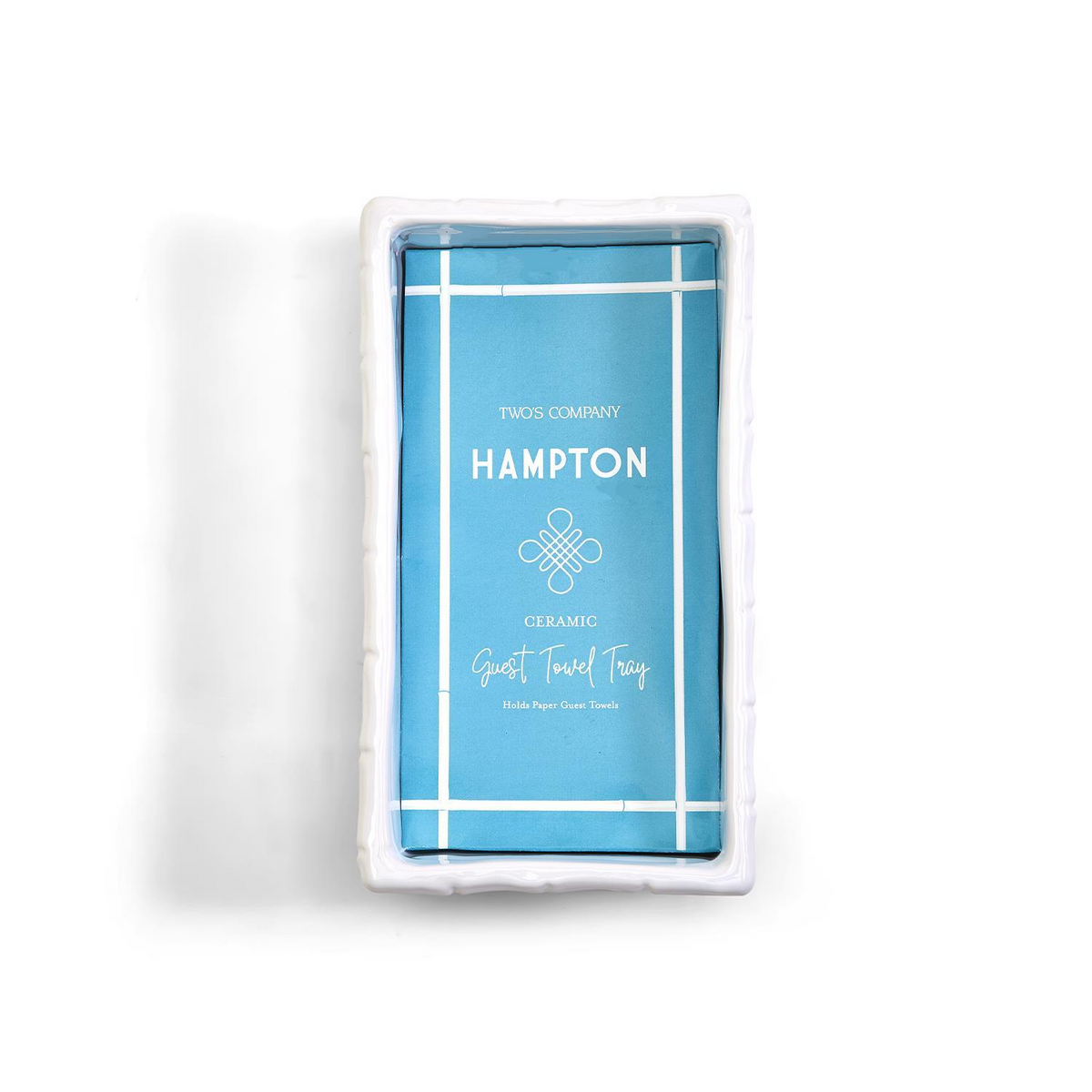 White ceramic guest towel tray with a 3D faux bamboo fretwork design and blue insert.