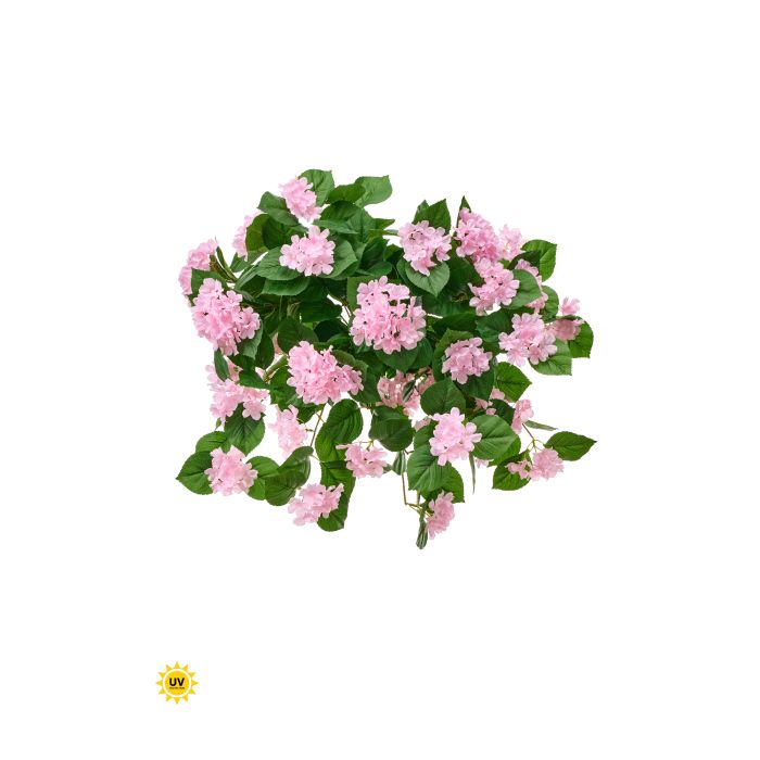 Hanging artificial hydrangea plant with purple blooms on a black stem