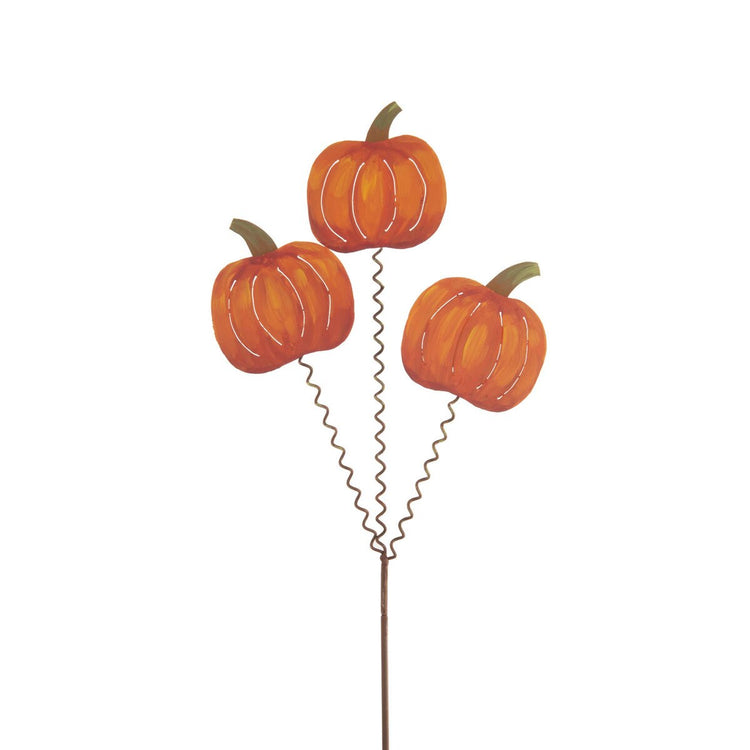 Decorative metal garden stake featuring three orange painted pumpkins on wavy wire stems.