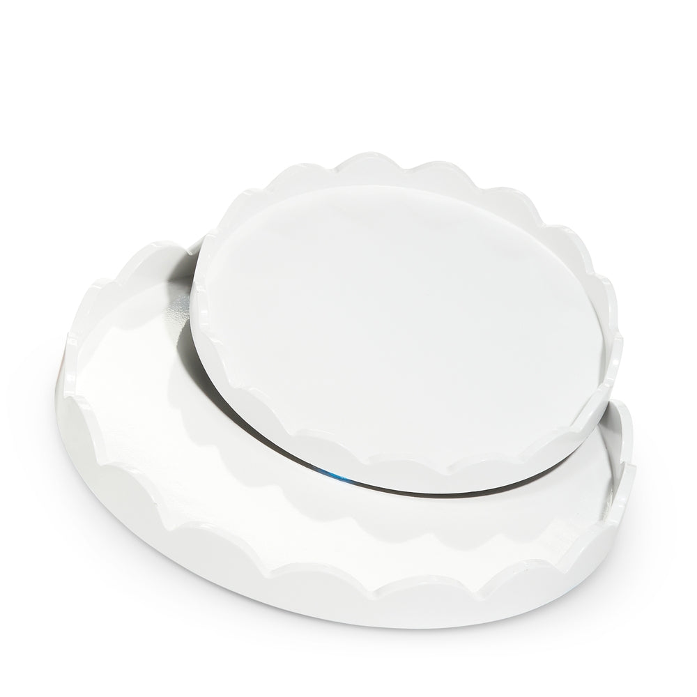 Round white MDF scallop tray with a large diameter measuring sixteen inches.
