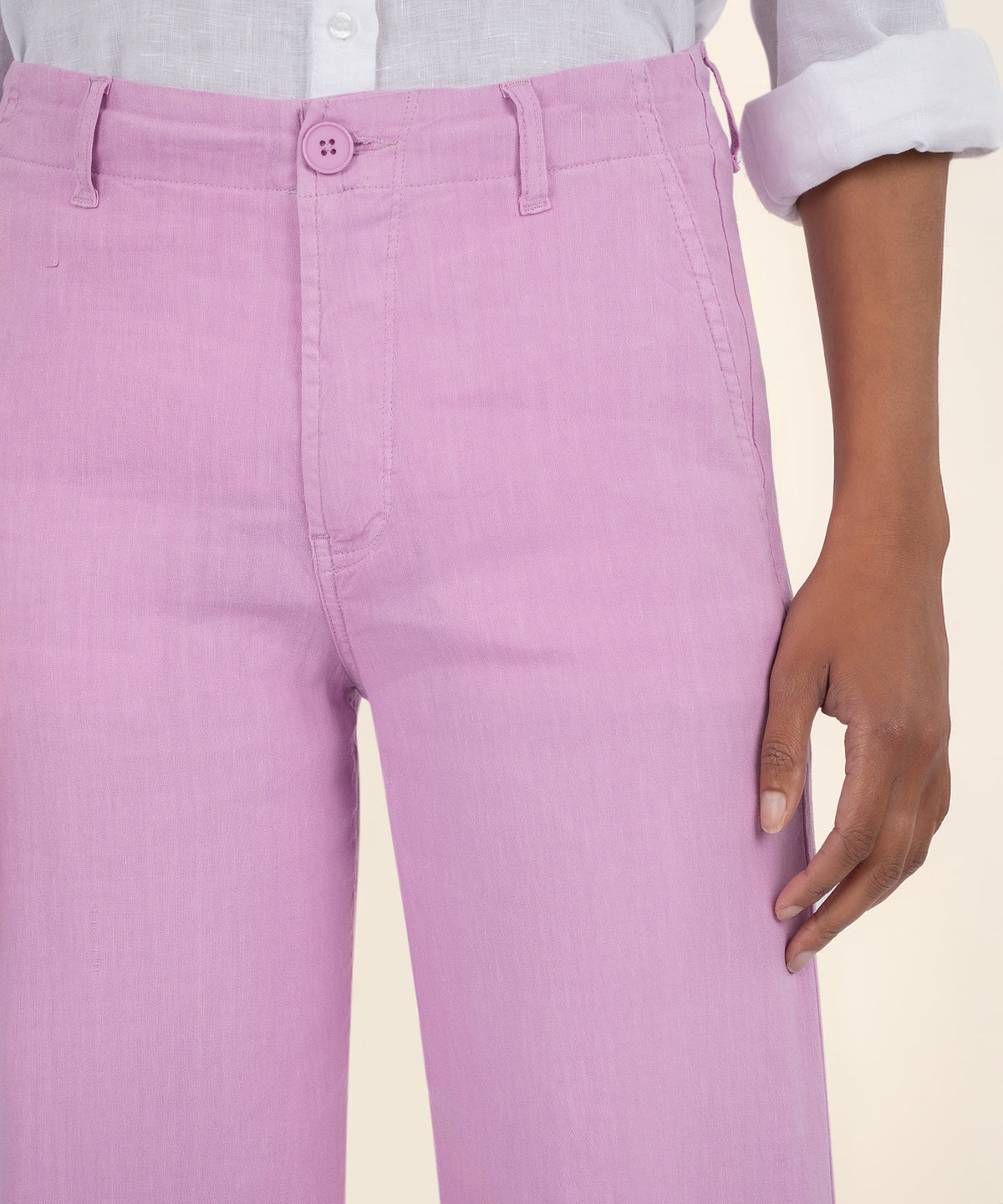 Front view of Meg Linen high rise wide leg pants in soft beige linen rayon blend with a straight silhouette.