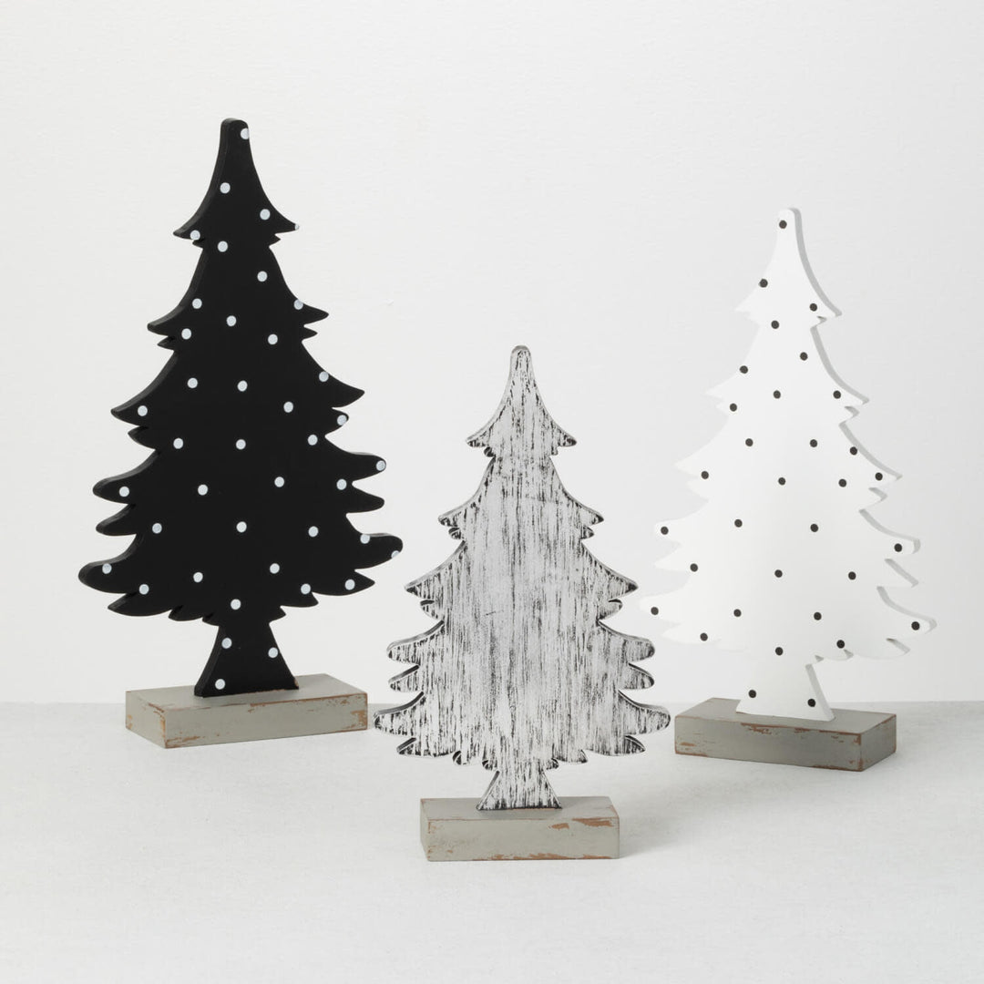 Black and white wooden tree planter with a natural wood finish.