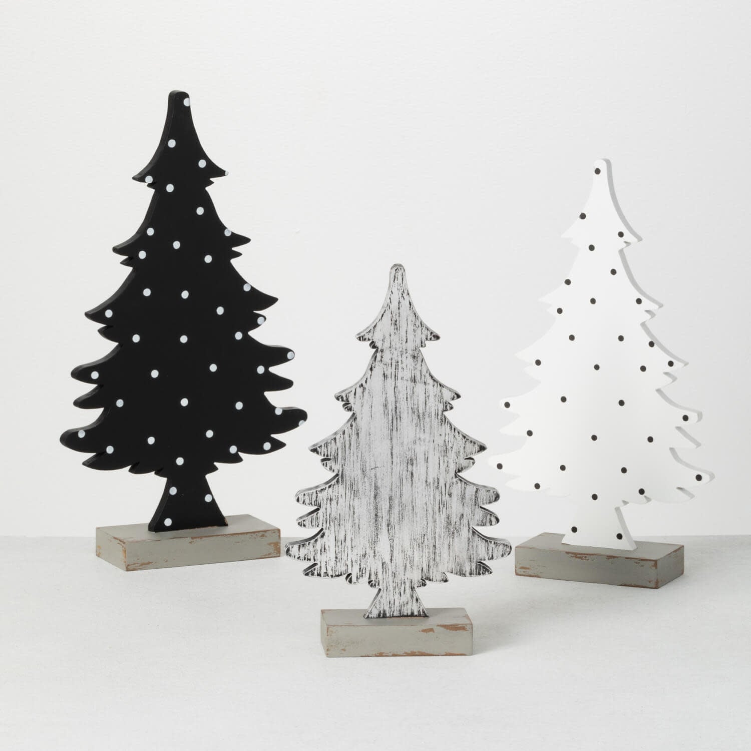 Black and white wooden tree planter with a natural wood finish.