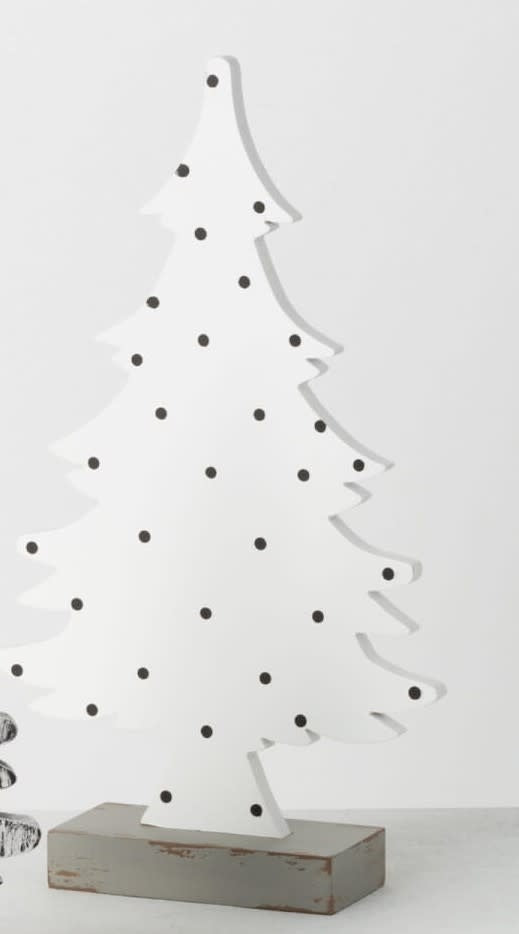 Black wooden tree planter with white geometric branch patterns