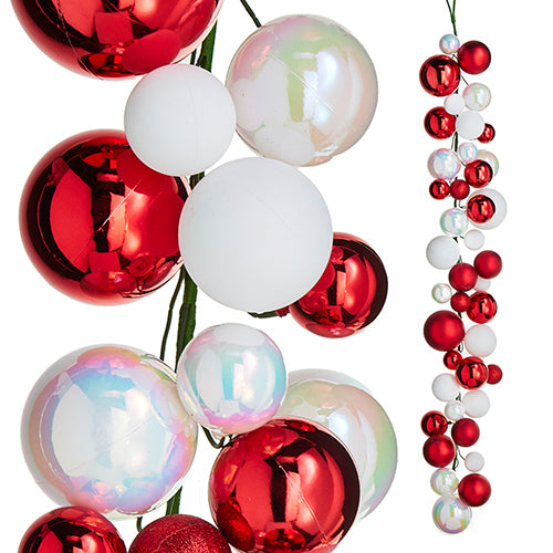 4-foot Christmas garland featuring red, matte white, and iridescent plastic ball ornaments.