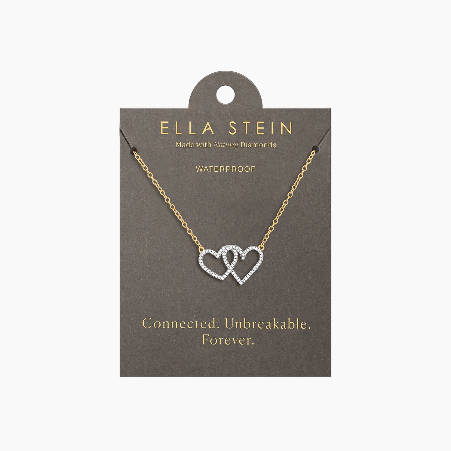 Waterproof stainless steel pendant necklace with two hearts in gold-plated finish on a silver chain.