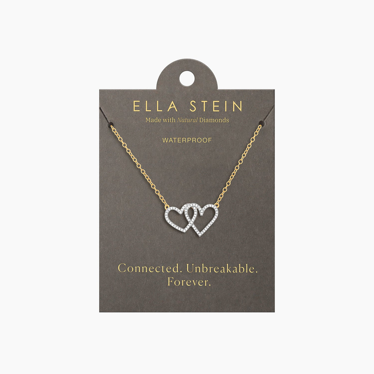 Waterproof stainless steel pendant necklace with two hearts in gold-plated finish on a silver chain.