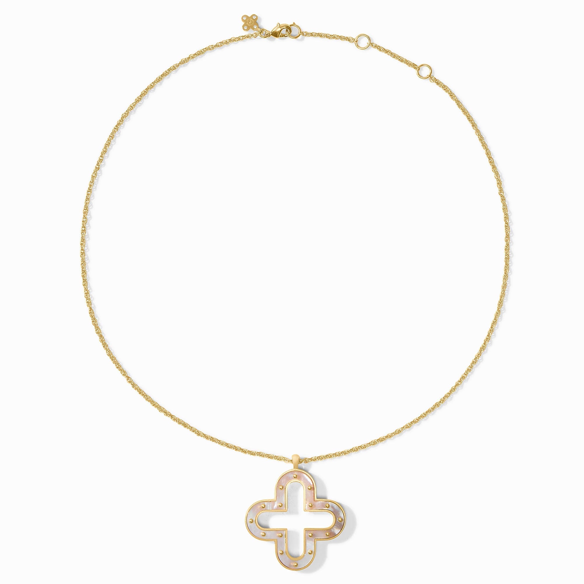 Adjustable Colette necklace featuring a mother-of-pearl pendant on 24K gold plate chain.