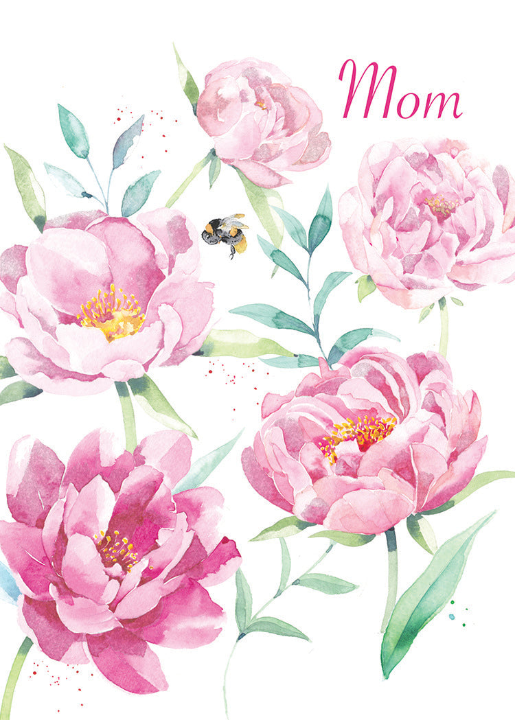 Pink greeting card with large floral patterns, a bee illustration, foil accents, and the message 'Happy Mother's Day'.