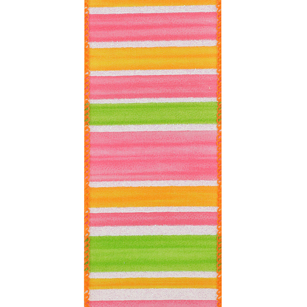Two-and-a-half-inch wide iridescent watermelon striped wired edge polyester ribbon