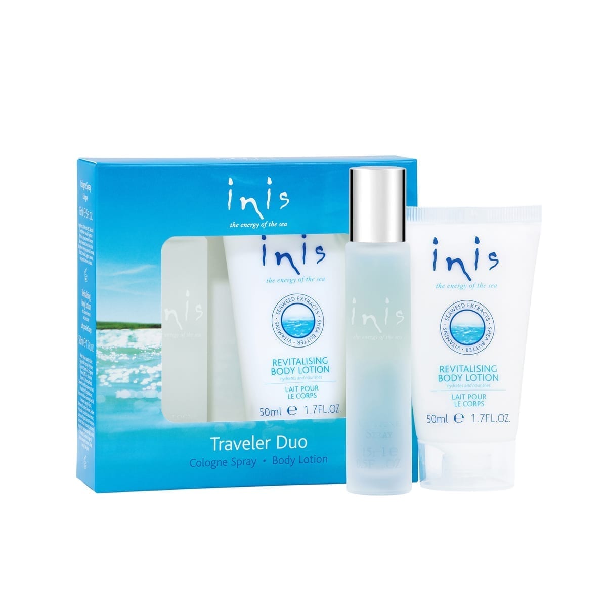 Traveler Duo Set featuring a small cologne bottle and larger seaweed-enriched body lotion in neutral packaging.
