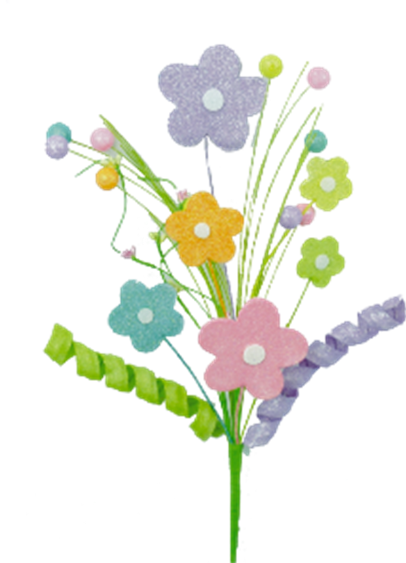 Eighteen-inch cutout flower spray with metallic glittered foam flowers in orange, yellow, lavender and blue.