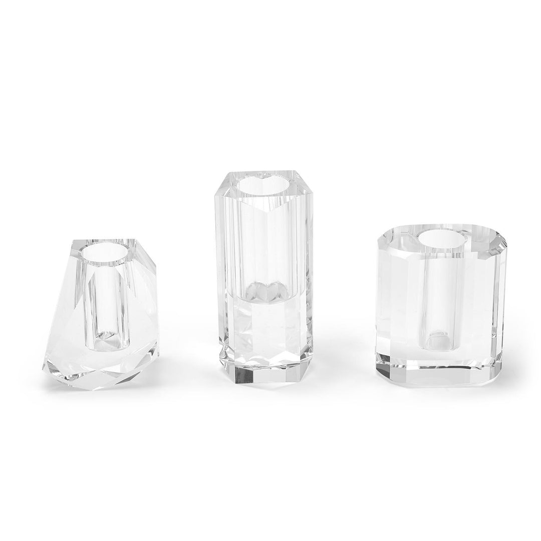 Hand-cut crystal glass vase with neutral tones and clean geometric lines.