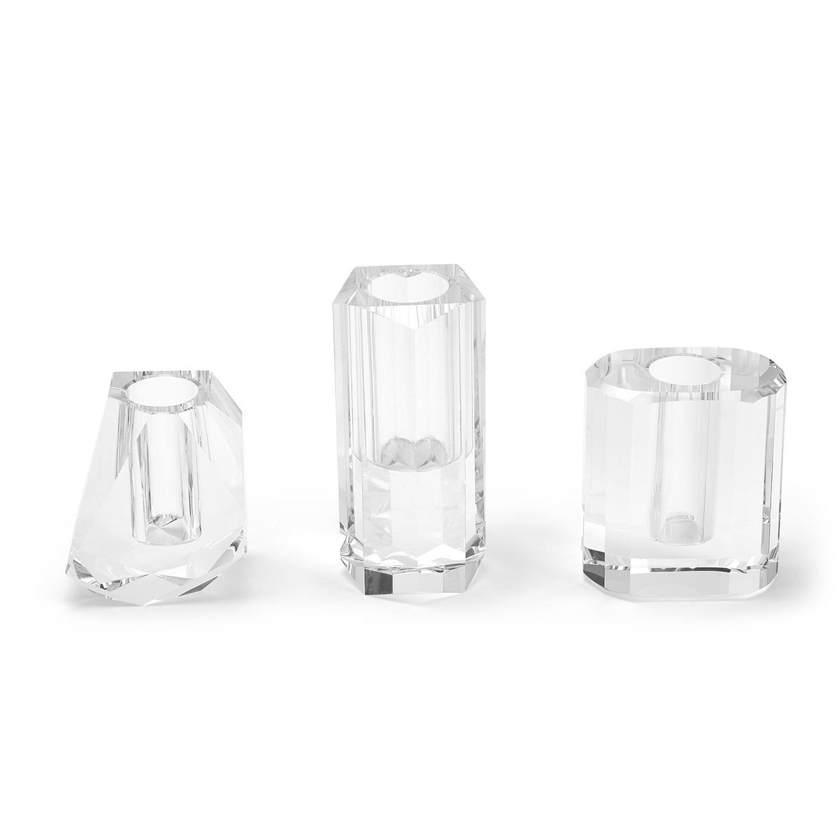 Hand-cut crystal glass vase with neutral tones and clean geometric lines.