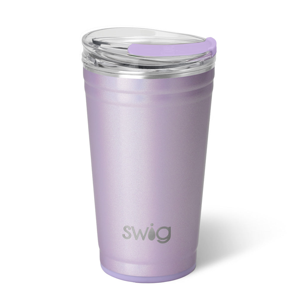 Lavender 24oz insulated stainless steel party cup with a clear EZ slider lid and silicone base.