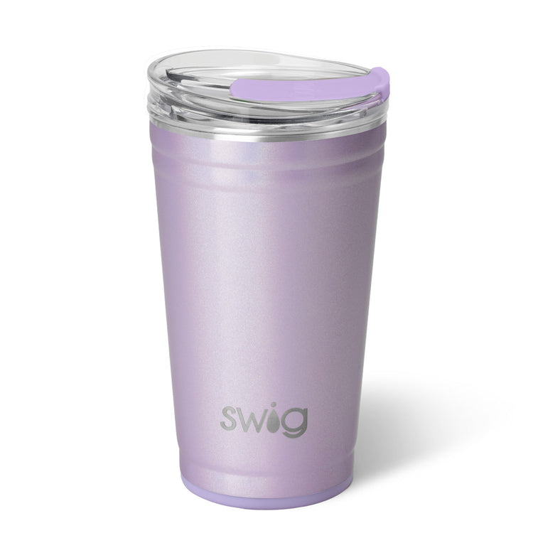 Lavender 24oz insulated stainless steel party cup with a clear EZ slider lid and silicone base.