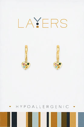 Gold heart-shaped huggie earrings with multi-colored stones on a white Layers display card.