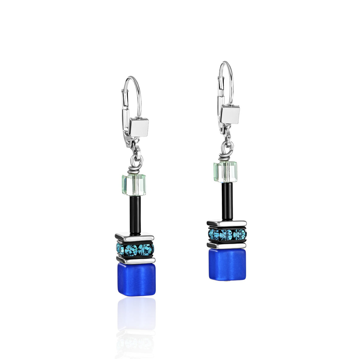 GeoCUBE Earrings in blue and green with Swarovski crystals and stainless steel leverback clasps.