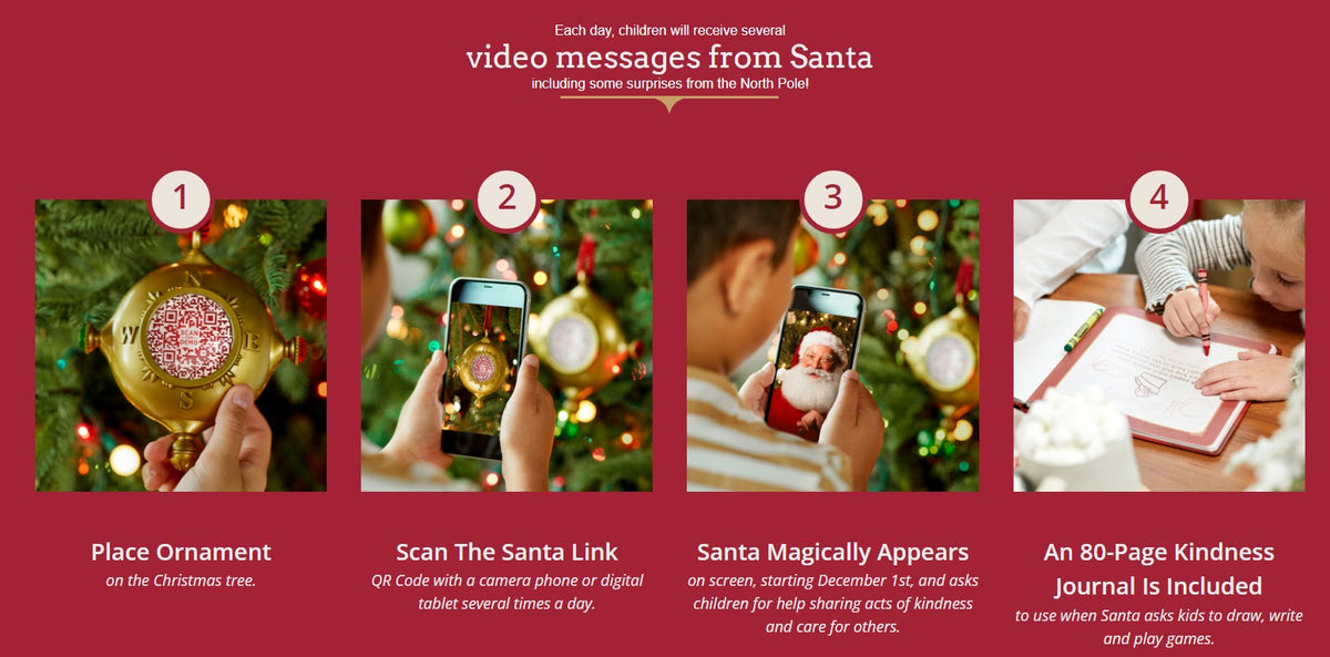Four-step guide showing how to use the Santa's Kindness Ornament and Journal with a smartphone.