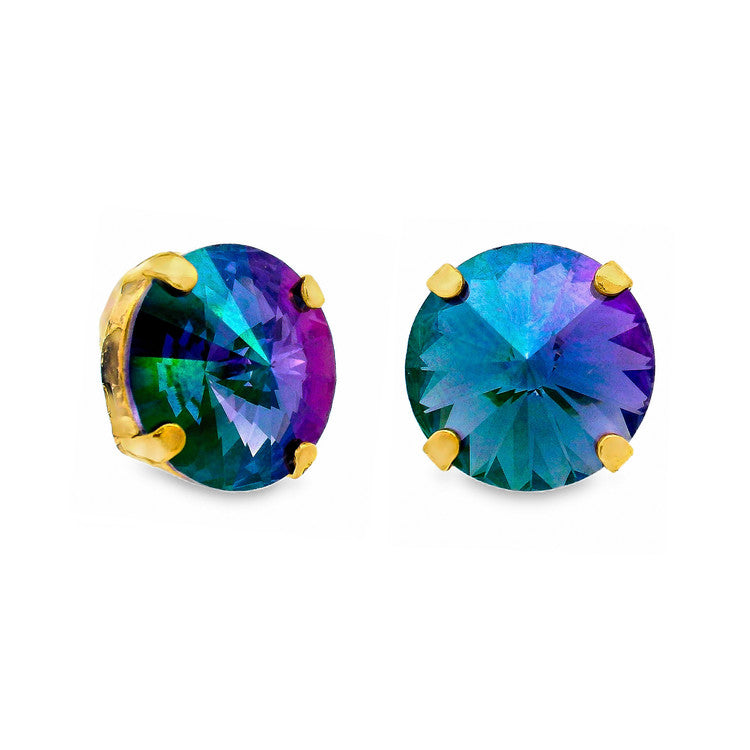 Antique gold-plated stud earrings with large clear crystals on surgical steel posts